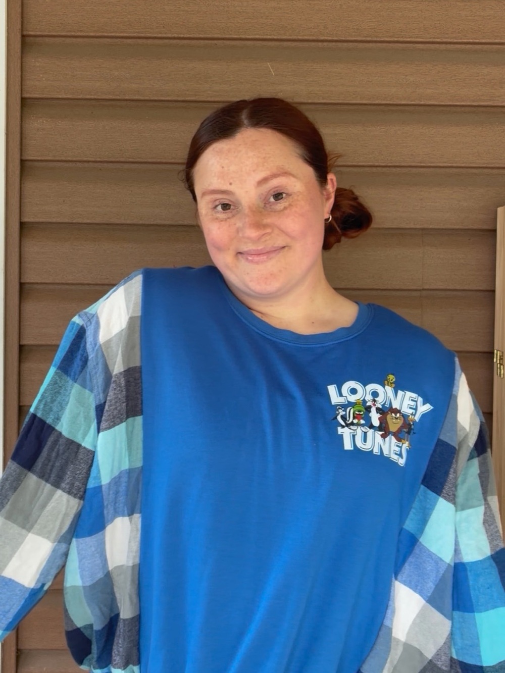 Looney Tunes Blue Graphic Tee with Plaid Sleeve Accent